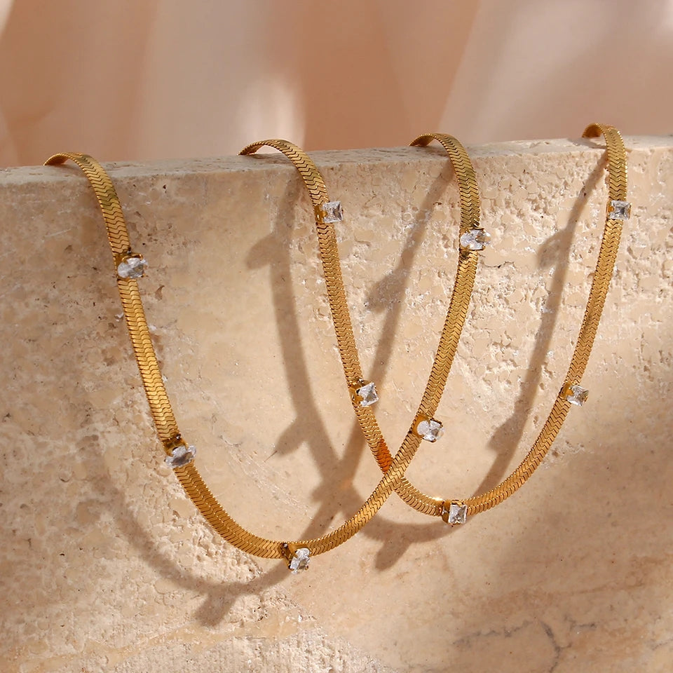 Zircon Herringbone Chain Choker Necklace