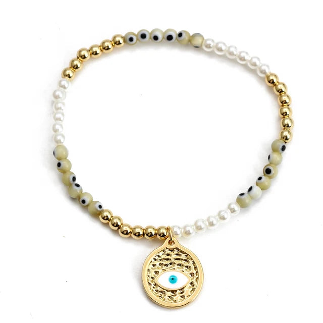 Evil Eye Adjustable Pearl/Bead Bracelet