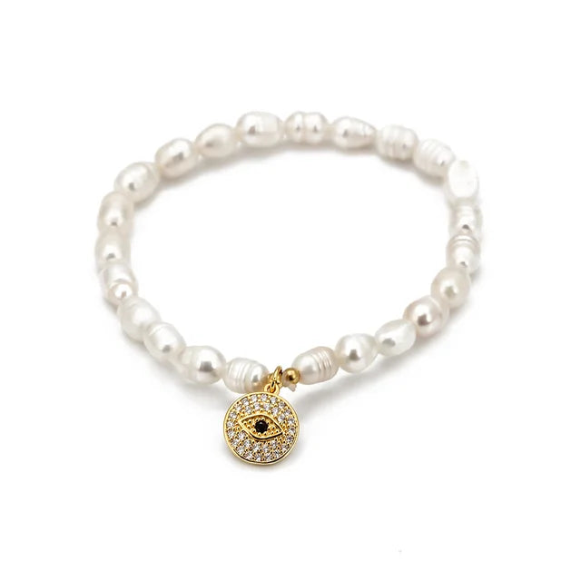 Evil Eye Adjustable Pearl/Bead Bracelet