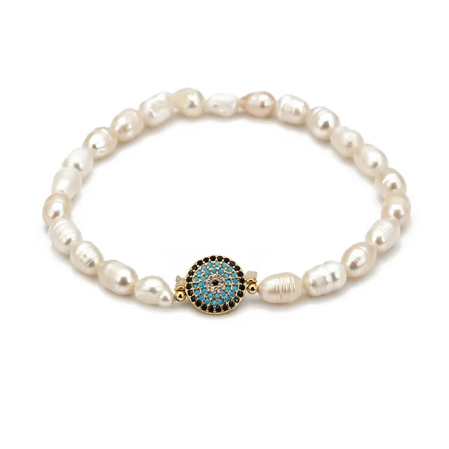 Evil Eye Adjustable Pearl/Bead Bracelet