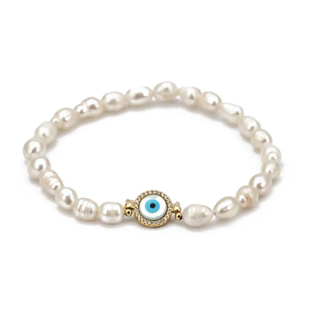 Evil Eye Adjustable Pearl/Bead Bracelet