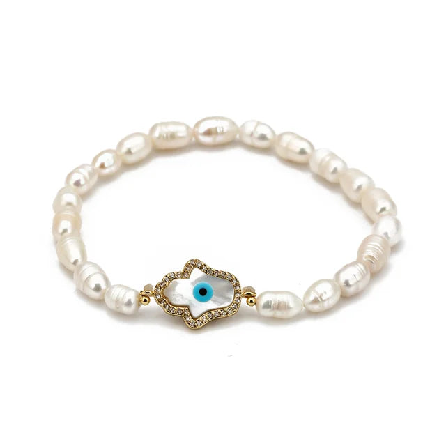 Evil Eye Adjustable Pearl/Bead Bracelet